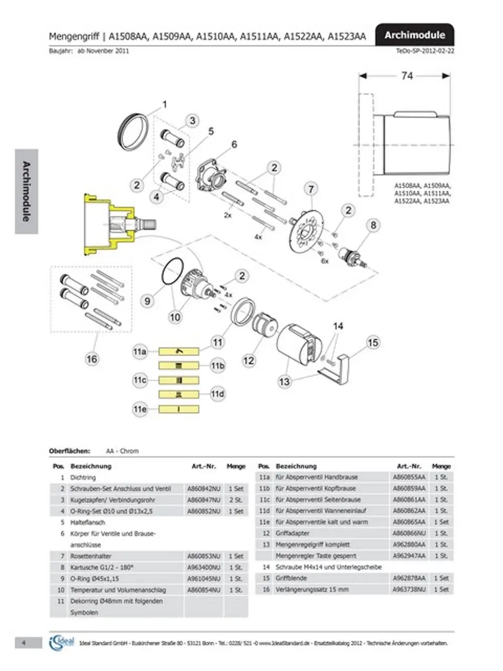 Explosionszeichnung eines Armaturenmoduls von Ideal Standard mit Teileliste für einen Dekorring und verschiedene Armaturenteile. Übersichtliche Darstellung der Komponenten.